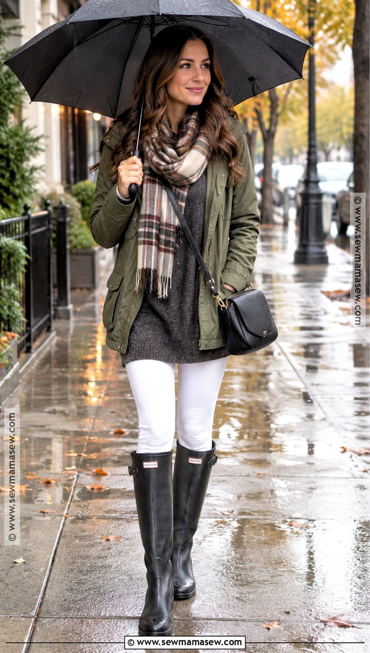 White Leggings With Utility Jacket And Rain Boots - 15 white leggings outfit fall