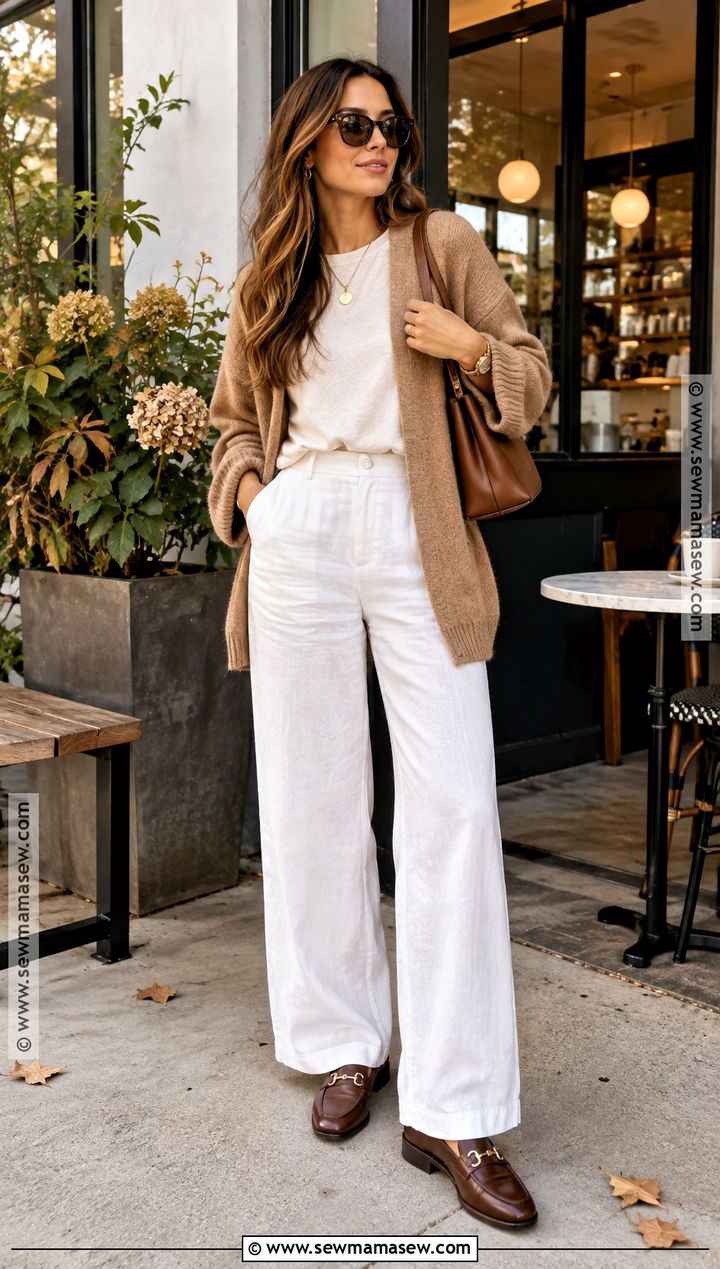 White Linen Pants With A Camel Cardigan - 25 linen pants fall outfit