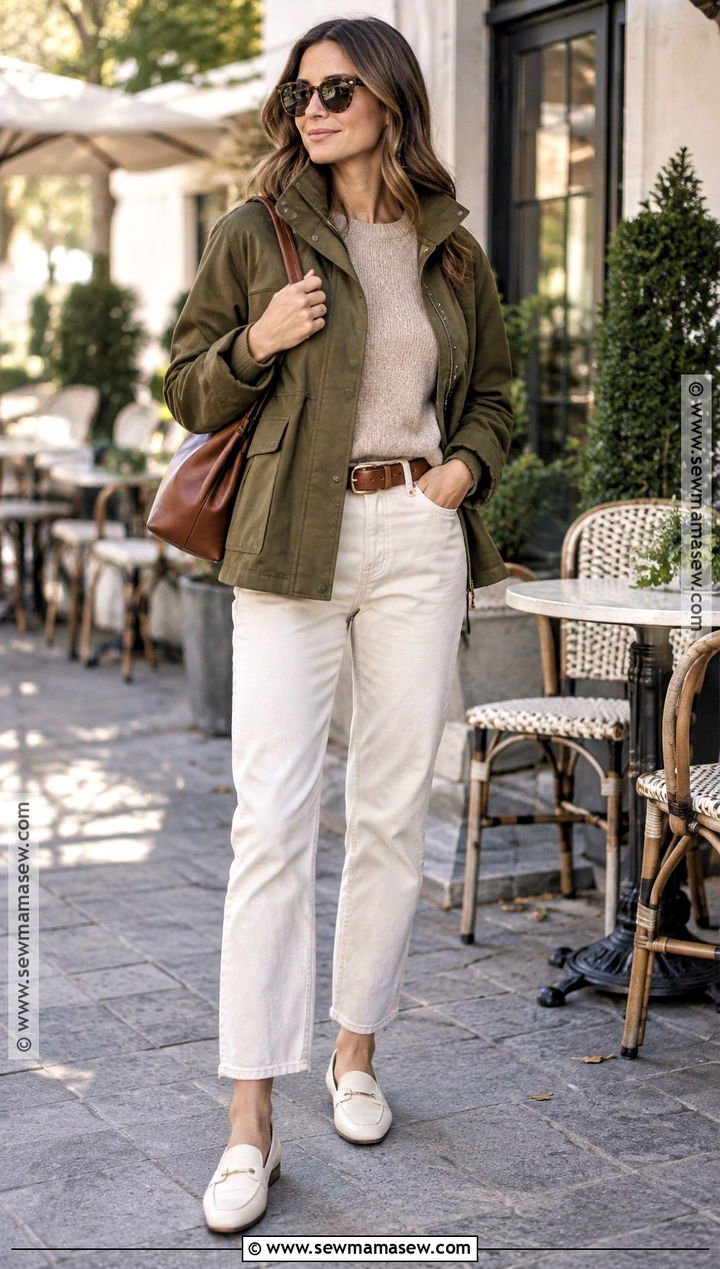 White Loafers With Ecru Jeans and Funnel Neck Jacket - 20 loafers for women outfit fall ideas