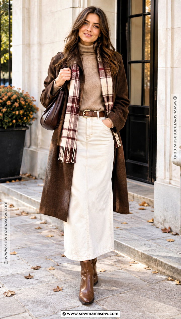White Long Jean Skirt With Camel Knit And Brown Boots - 20 Long Jean Skirt Fall Outfits