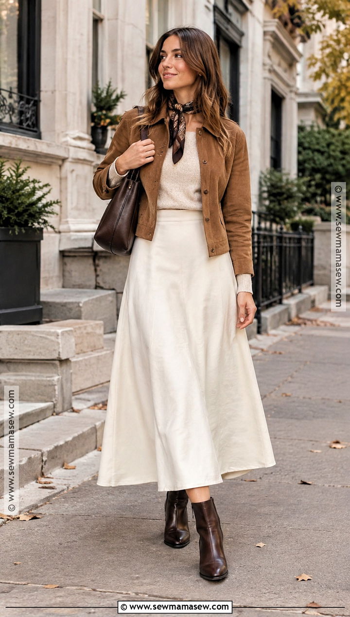 White Long Skirt With Suede Jacket and Brown Boots - 20 Long Skirt Fall Ideas