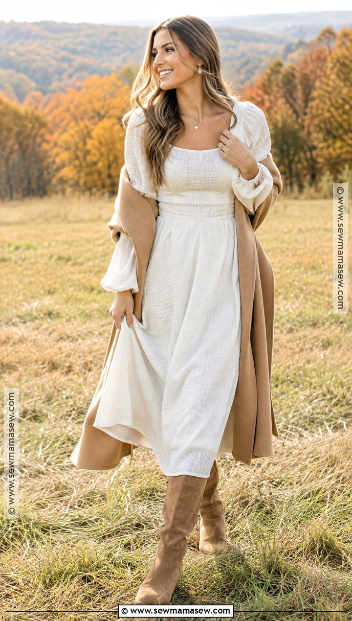 White Long Sleeve Dress Engagement Photo Outfit With Boots - 15 engament photo outfits fall