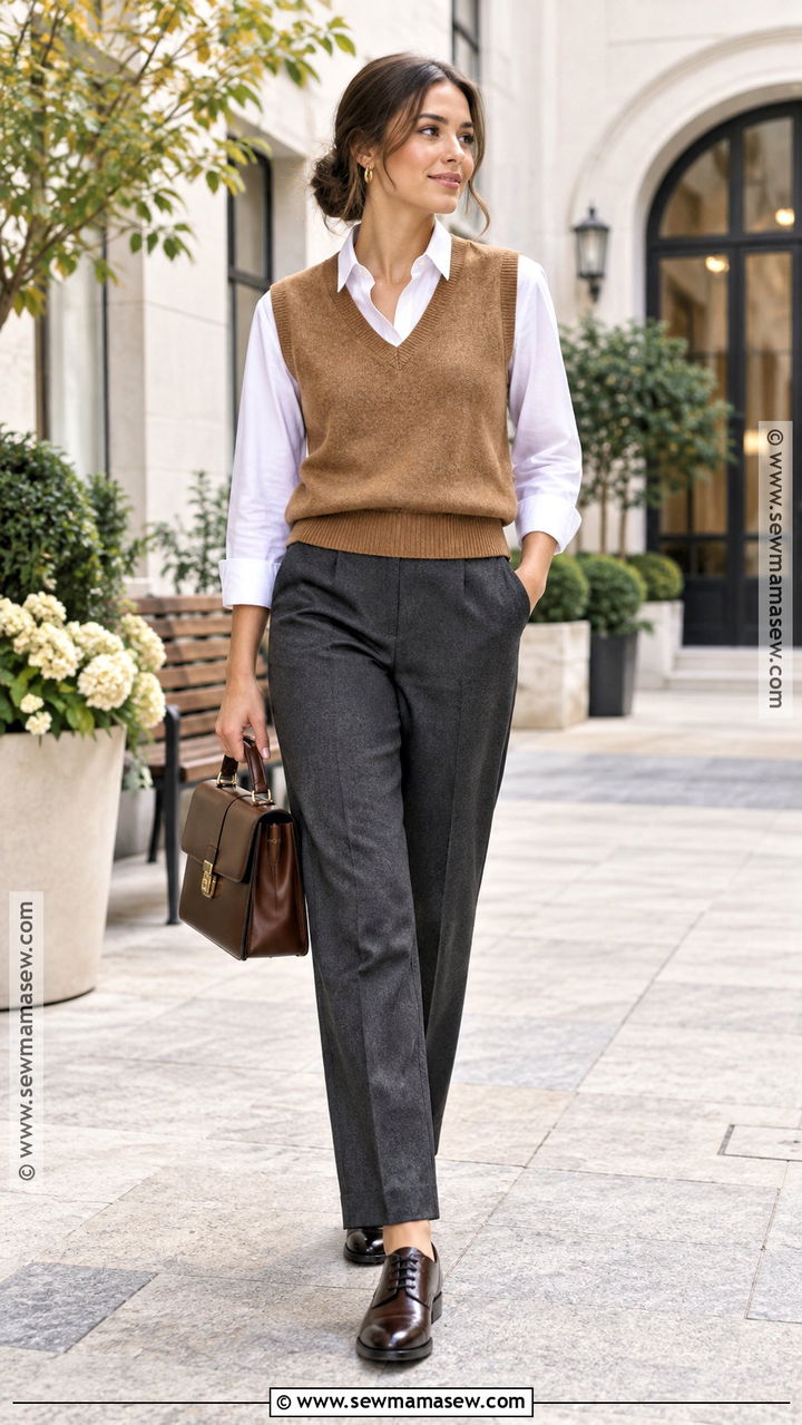 White Long Sleeve Fall Outfit With Sweater Vest And Trousers - 20 Long Sleeve Fall Outfits