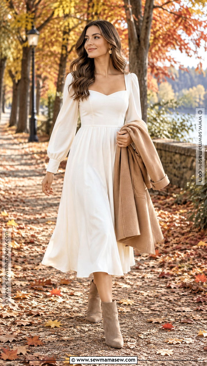 White Long Sleeve Midi Dress Fall Engagement Outfit - 15 White Fall Engagement Outfit Ideas