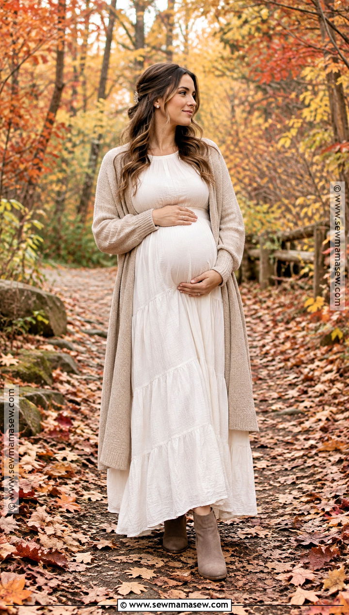 White Maxi Dress And Cardigan Maternity Photo Outfit - 15 maternity photo fall outfits