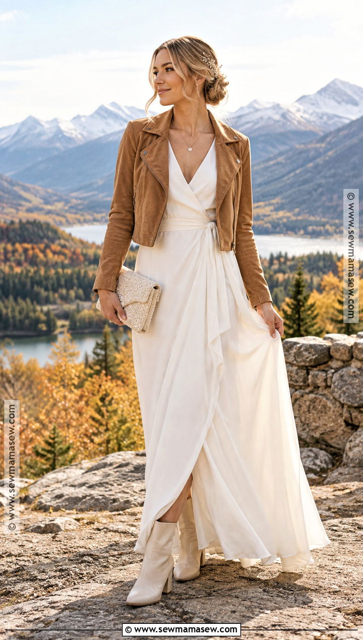 White Maxi Dress And Cropped Jacket - 15 Fall Bachelorette Party Outfit Bride Ideas