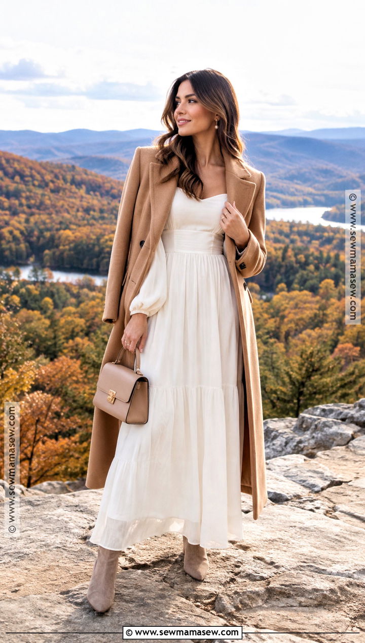 White Maxi Dress And Wool Coat Fall Engagement Outfit - 15 White Fall Engagement Outfit Ideas