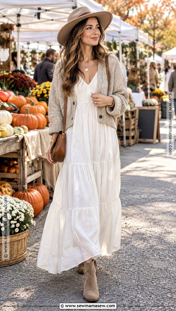 White Maxi Dress With Chunky Cardigan - 20 White Fall Dress Ideas