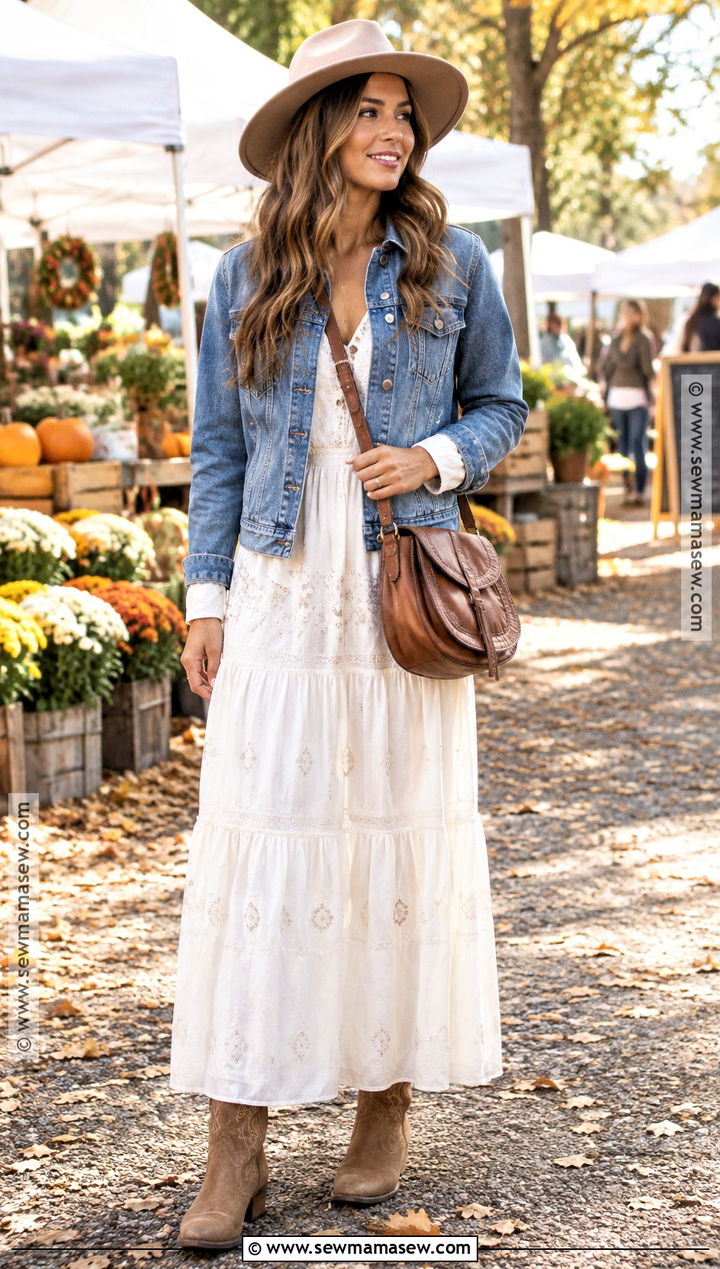 White Maxi Dress With Cowboy Boots - 20 white dress autumn outfit ideas