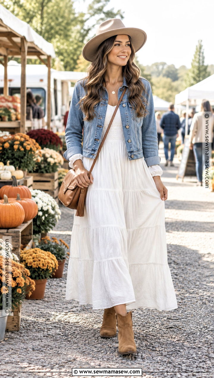 White Maxi Dress With Cropped Denim Jacket - 20 white dress fall outfit ideas