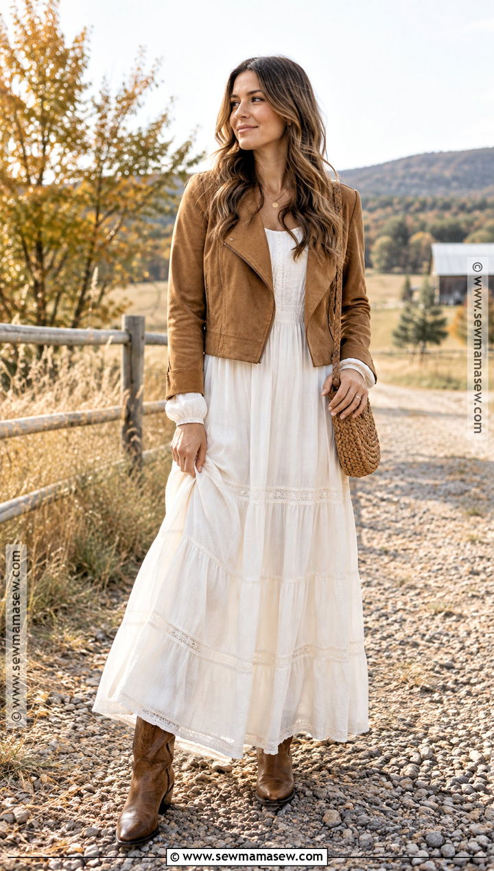 White Maxi Dress With Suede Jacket - 15 fall white dresses