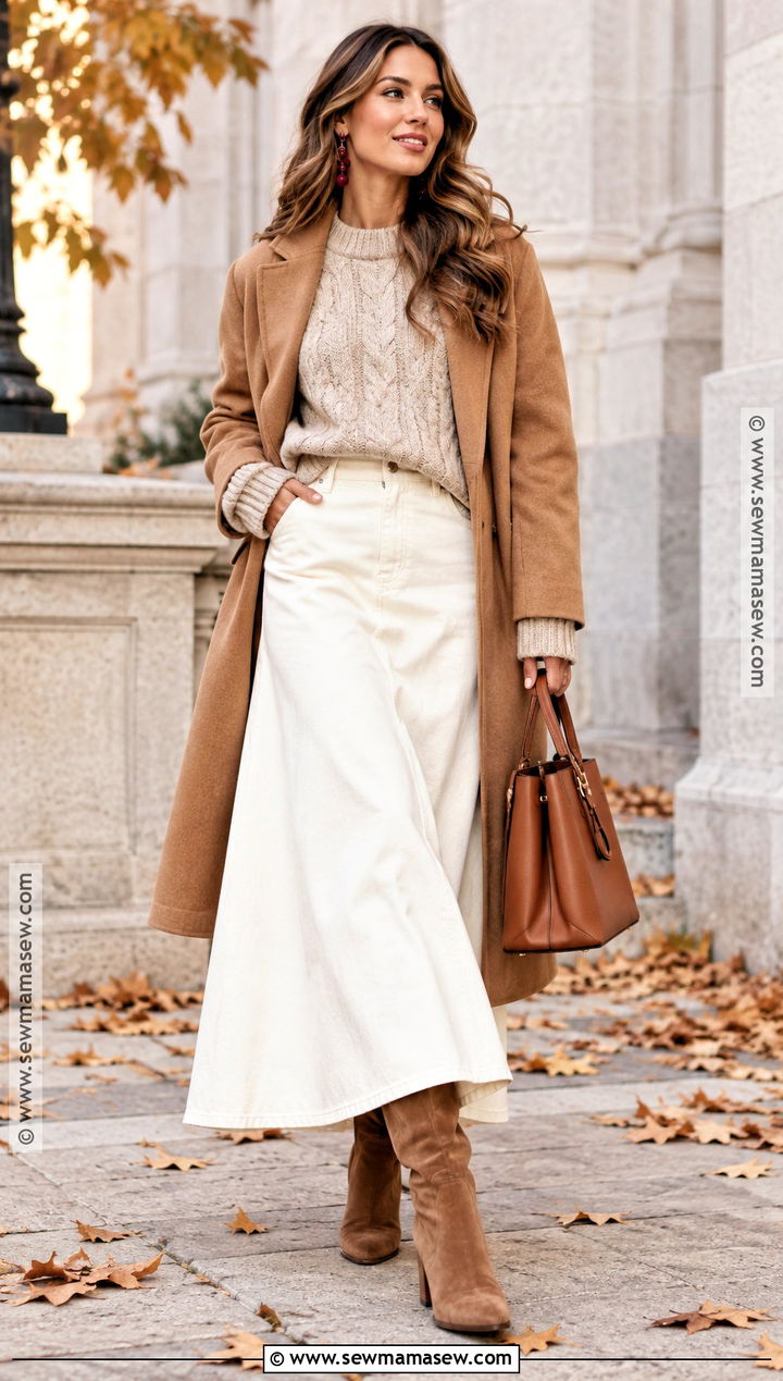White Maxi Skirt And Oatmeal Sweater Outfit - 20 skirt and sweater outfit fall ideas