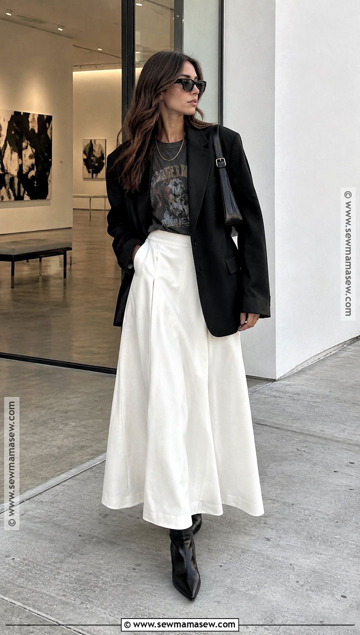 White Maxi Skirt With Black Blazer And Graphic Tee - 20 long white skirt fall outfit ideas