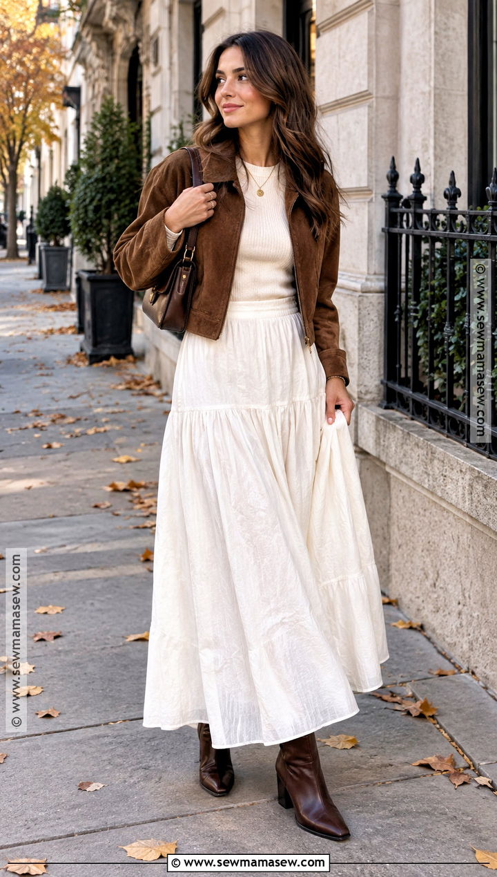 White Maxi Skirt With Brown Suede Jacket - 25 white maxi skirt outfit fall ideas