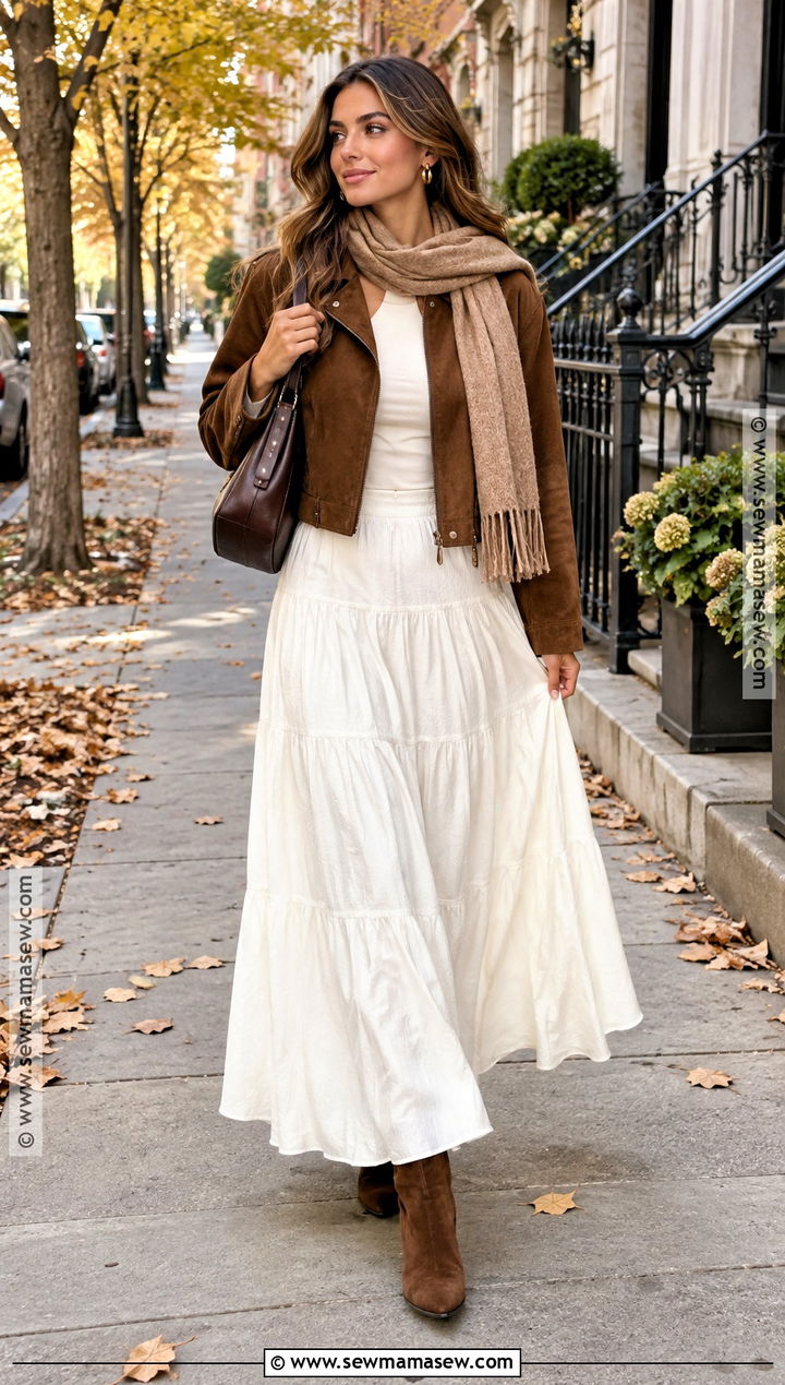 White Maxi Skirt With Brown Suede Jacket - 20 fall white skirt outfits