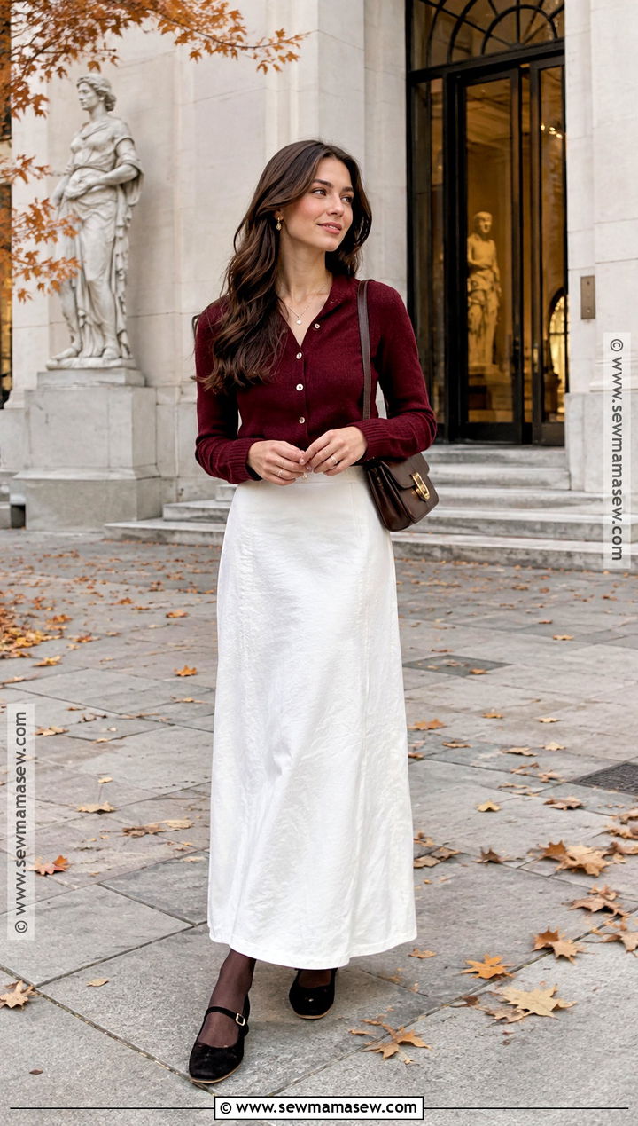 White Maxi Skirt With Burgundy Cardigan And Mary Janes - 20 long white skirt fall outfit ideas