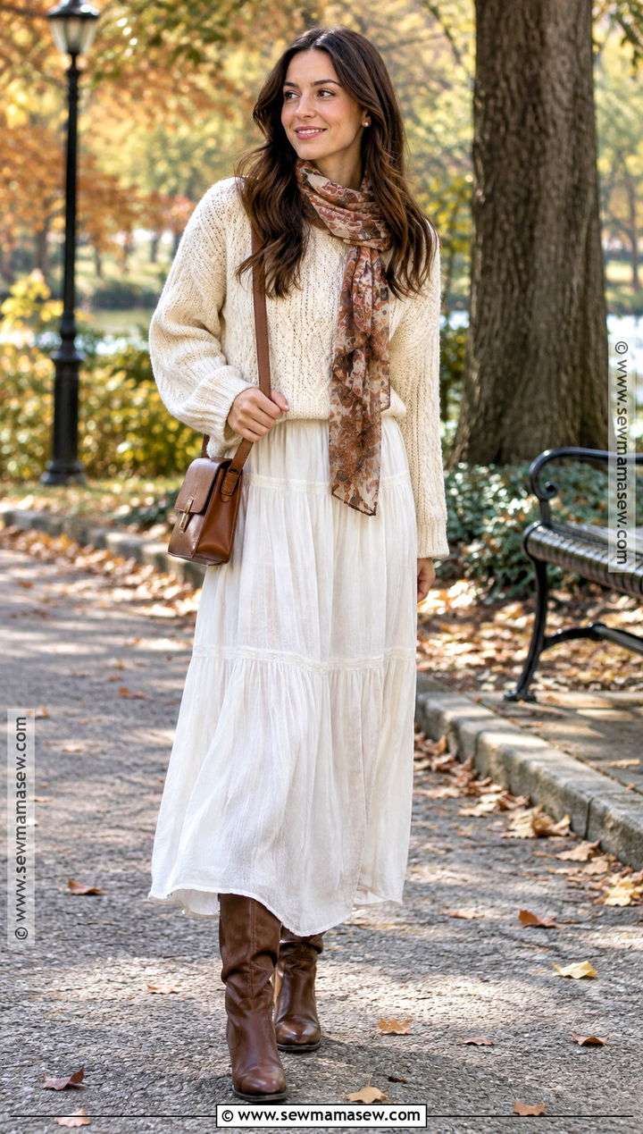 White Maxi Skirt With Cable Knit Sweater And Riding Boots - 20 white maxi skirt fall outfit ideas