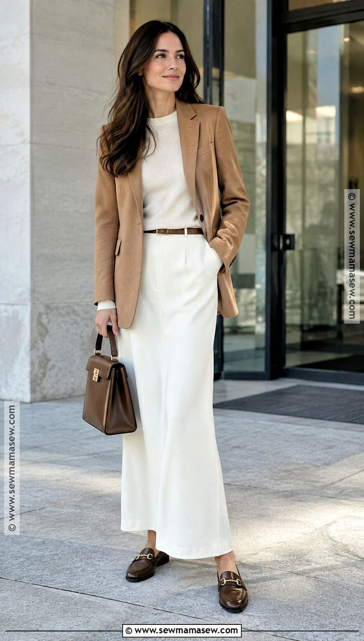 White Maxi Skirt With Camel Blazer And Loafers - 20 long white skirt fall outfit ideas