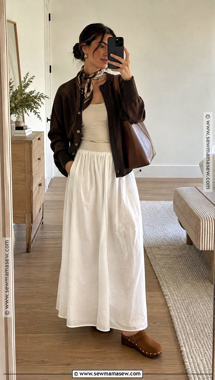 White Maxi Skirt With Chocolate Cardigan And Clogs - 20 long white skirt fall outfit ideas