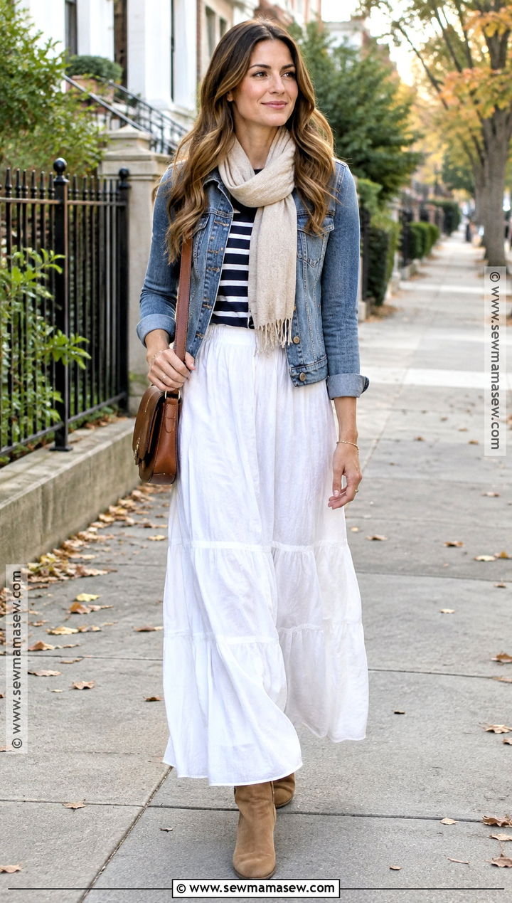White Maxi Skirt With Denim Jacket - 25 white maxi skirt outfit fall ideas