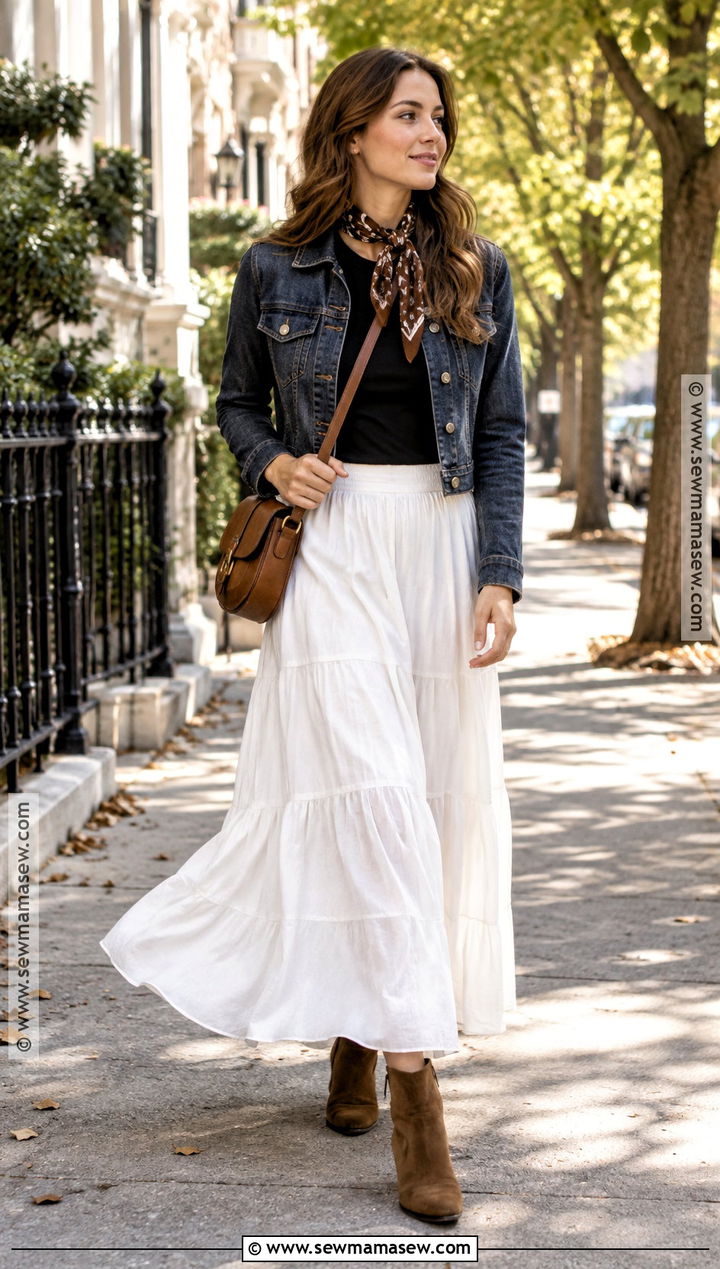 White Maxi Skirt With Denim Jacket - 25 white skirt outfit autumn ideas