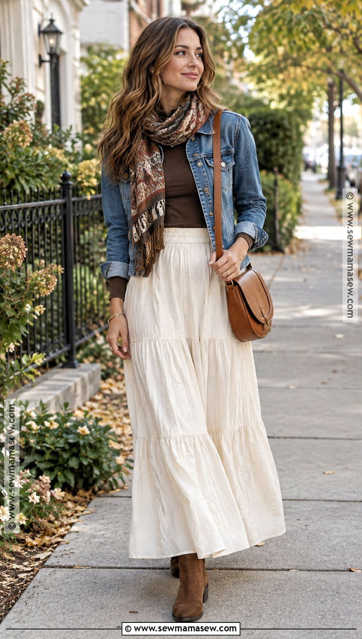 White Maxi Skirt With Denim Jacket And Ankle Boots - 20 Autumn Maxi Skirt Outfit Ideas