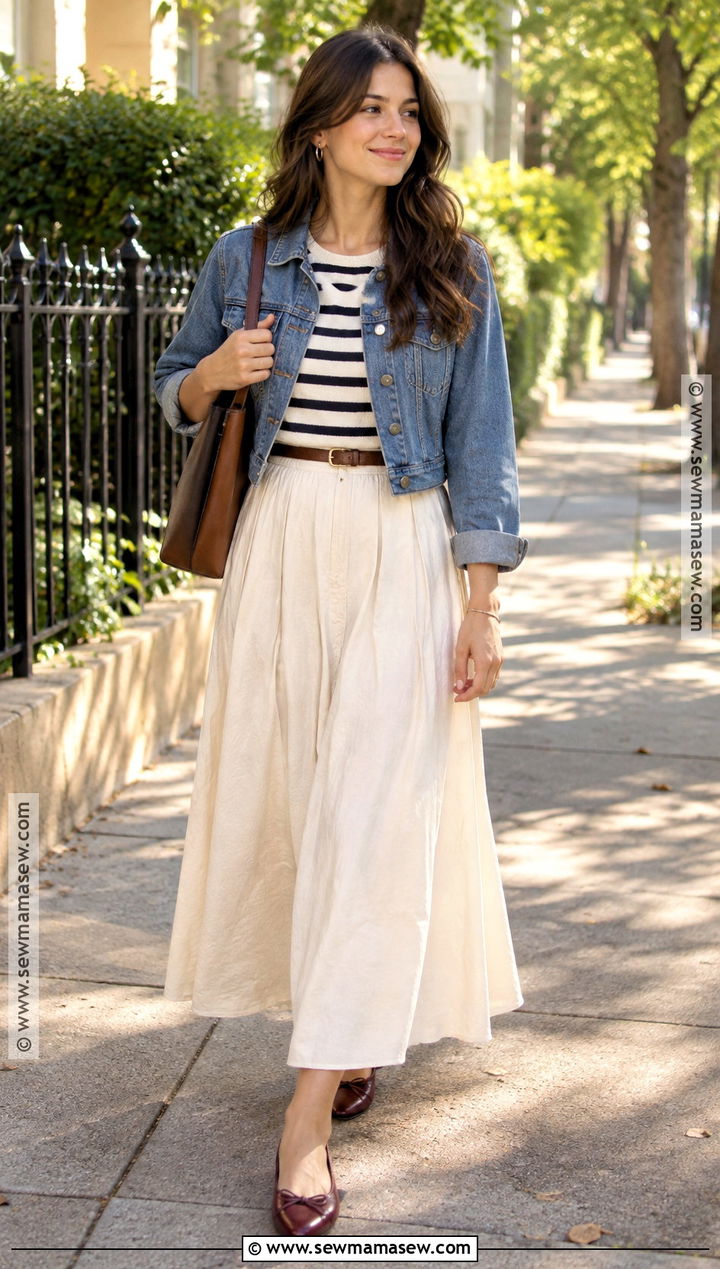 White Maxi Skirt With Denim Jacket And Ballet Flats - 15 maxi skirt outfit fall ideas 2026