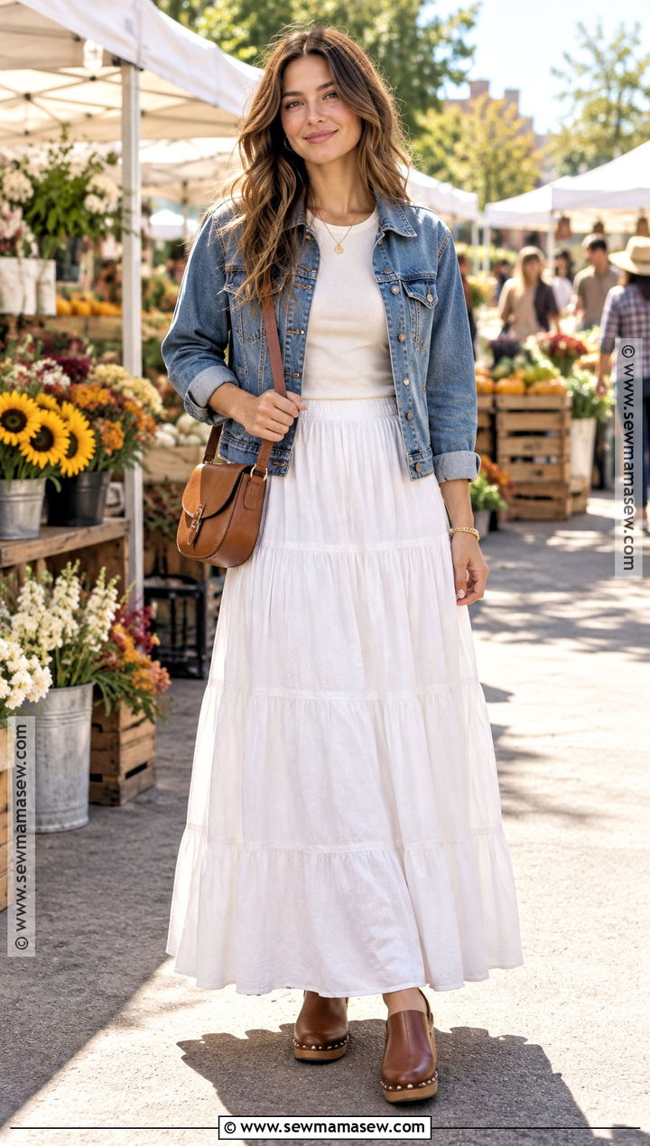 White Maxi Skirt With Denim Jacket And Clogs - 20 white maxi skirt fall outfit ideas