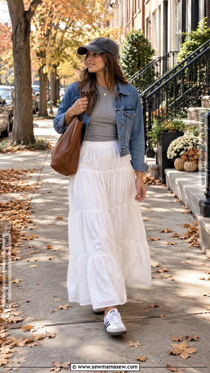 White Maxi Skirt With Denim Jacket And Sneakers - 20 fall white maxi skirt outfits