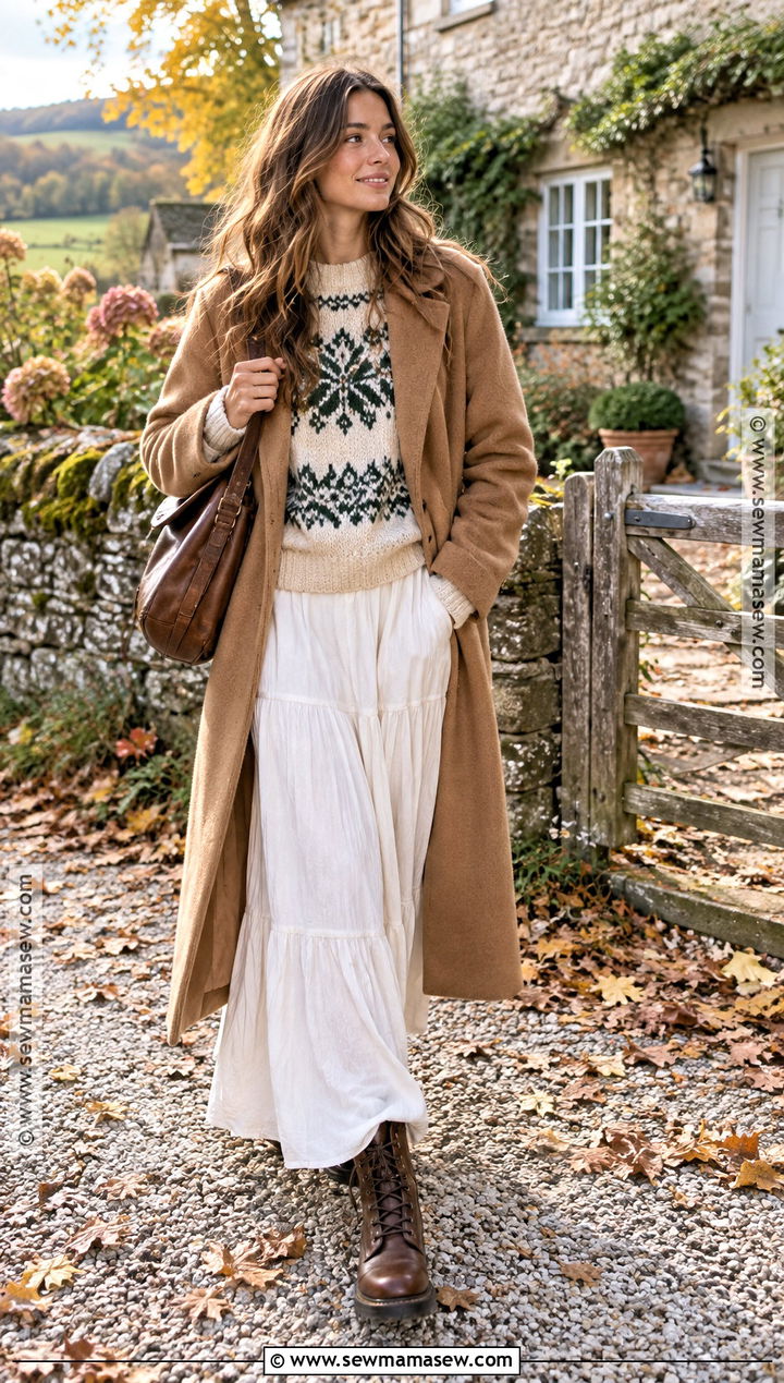 White Maxi Skirt With Fair Isle Sweater - 25 white skirt outfit autumn ideas