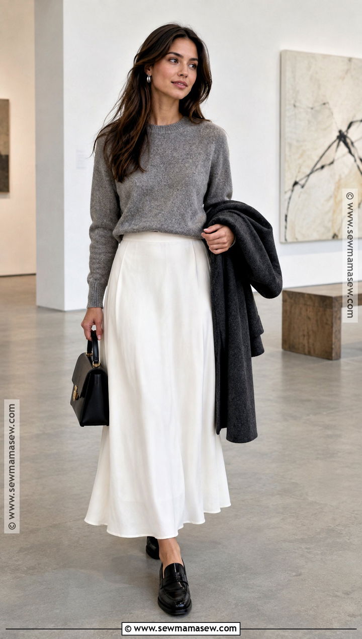 White Maxi Skirt With Gray Crewneck Sweater - 25 white maxi skirt outfit fall ideas
