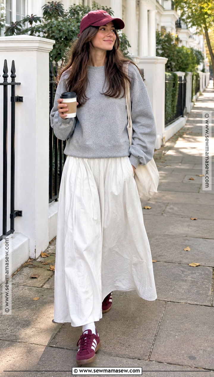 White Maxi Skirt With Gray Sweatshirt And Retro Sneakers - 20 long white skirt fall outfit ideas