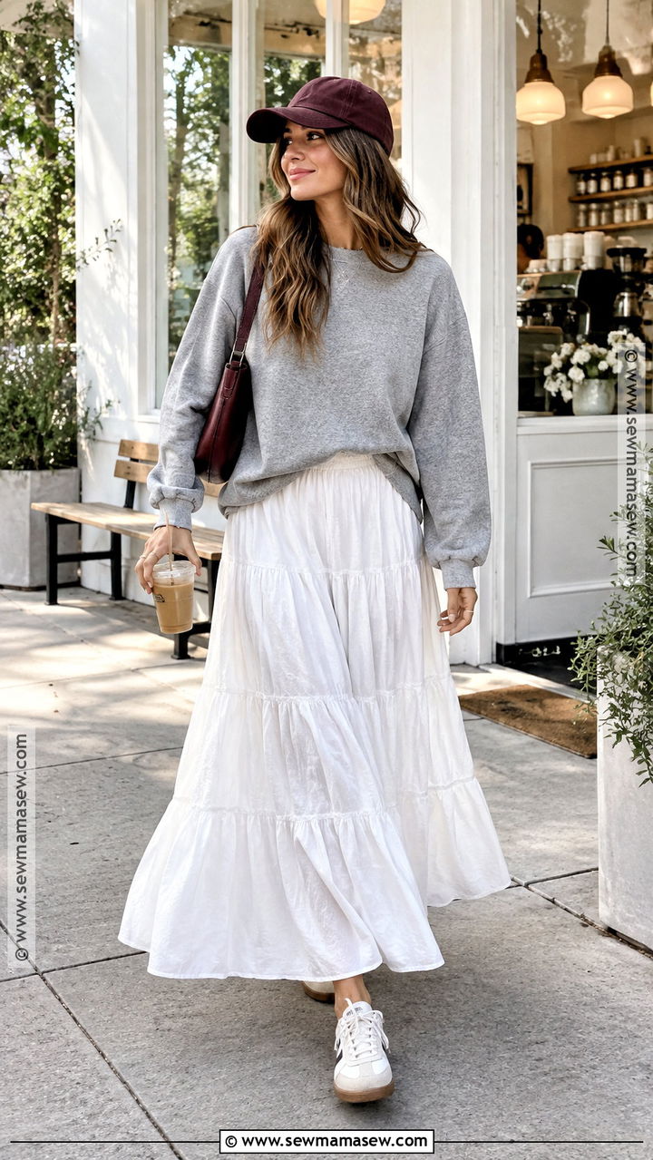 White Maxi Skirt With Gray Sweatshirt And Retro Sneakers - 20 fall white maxi skirt outfits