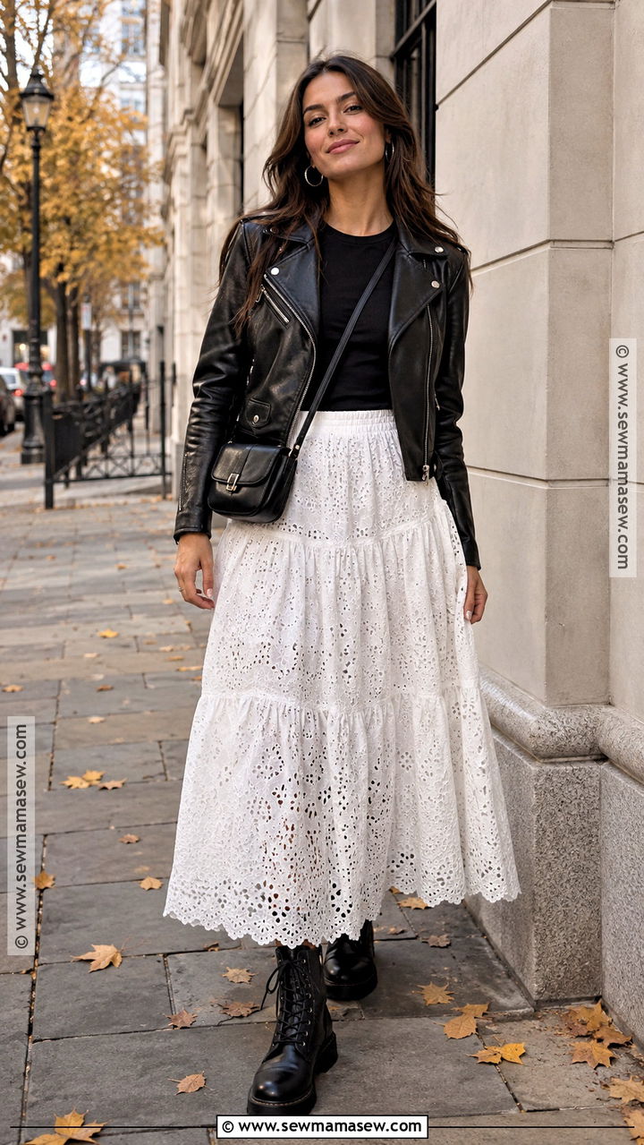 White Maxi Skirt With Leather Jacket And Combat Boots - 20 fall white maxi skirt outfits