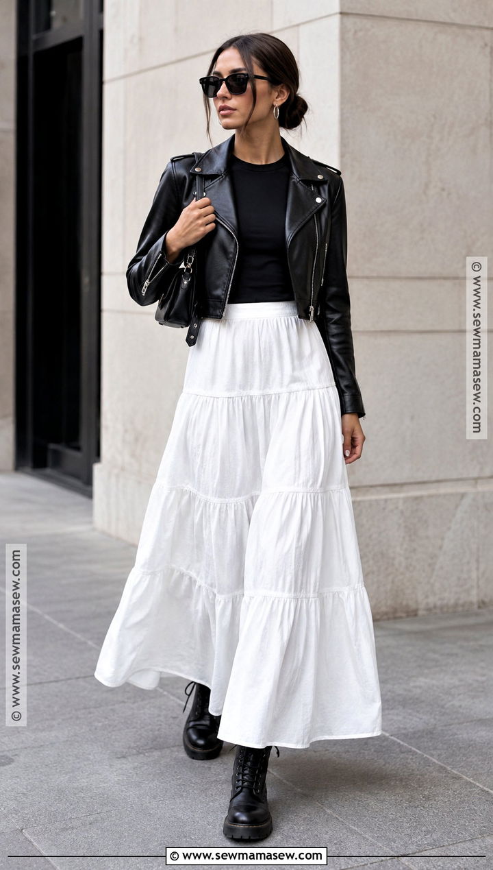 White Maxi Skirt With Leather Moto Jacket - 25 white maxi skirt outfit fall ideas