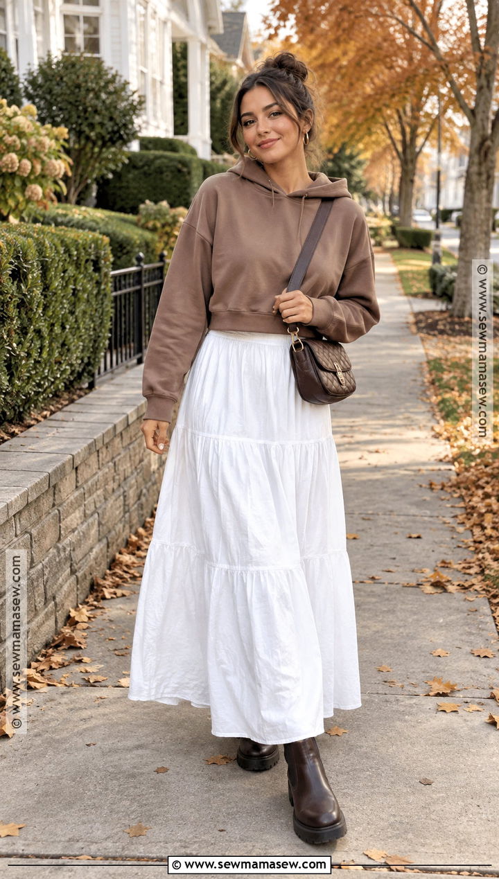 White Maxi Skirt With Mocha Hoodie And Chelsea Boots - 20 fall white maxi skirt outfits