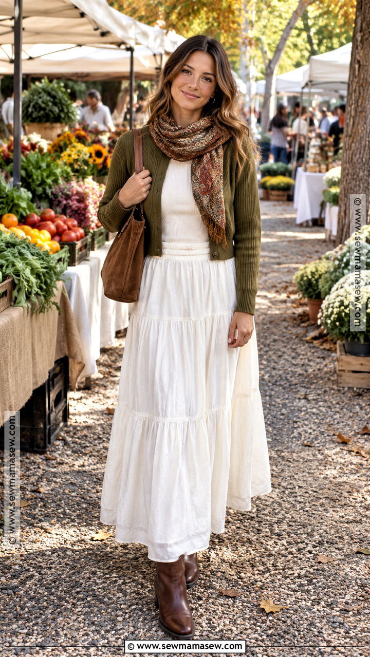 White Maxi Skirt With Olive Cardigan And Brown Boots - 20 fall white maxi skirt outfits