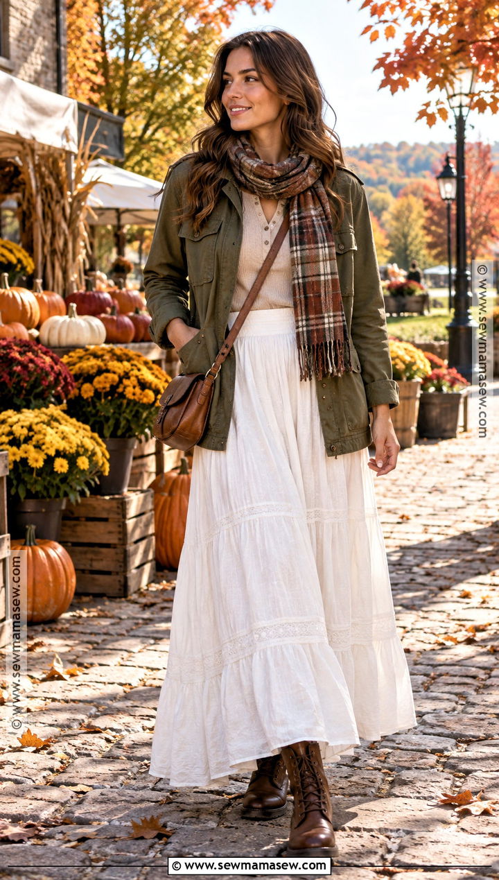 White Maxi Skirt With Olive Utility Jacket And Brown Boots - 20 long white skirt fall outfit ideas