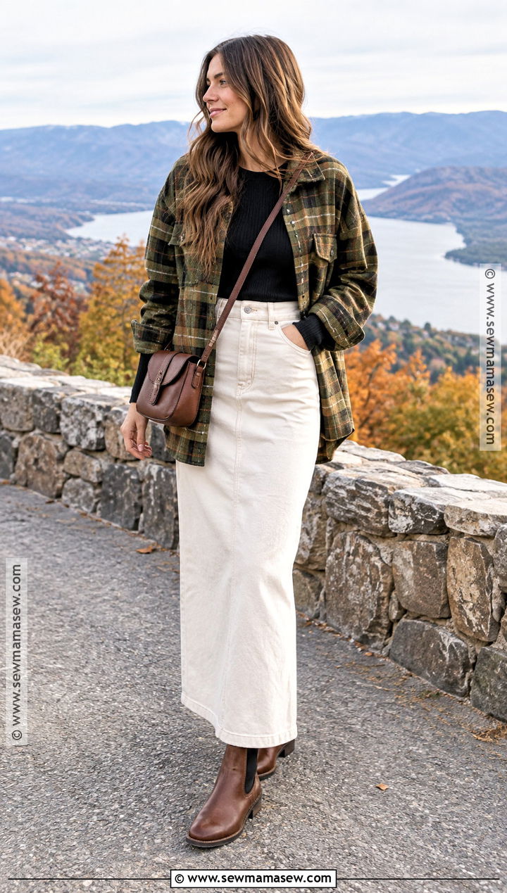 White Maxi Skirt With Plaid Shacket And Chelsea Boots - 20 white maxi skirt fall outfit ideas