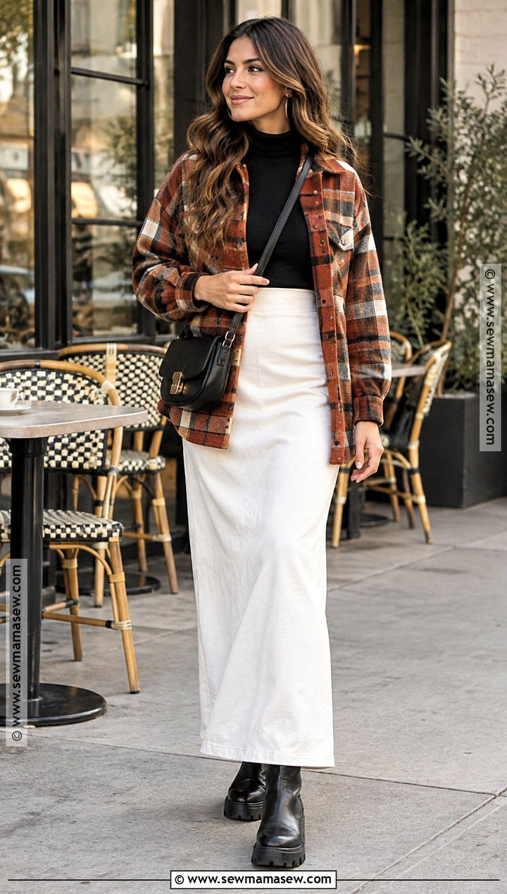 White Maxi Skirt With Plaid Shacket And Lug Boots - 20 long white skirt fall outfit ideas
