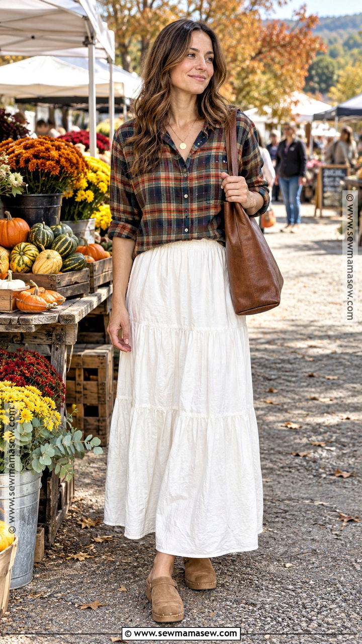 White Maxi Skirt With Plaid Shirt And Suede Clogs - 20 fall white maxi skirt outfits