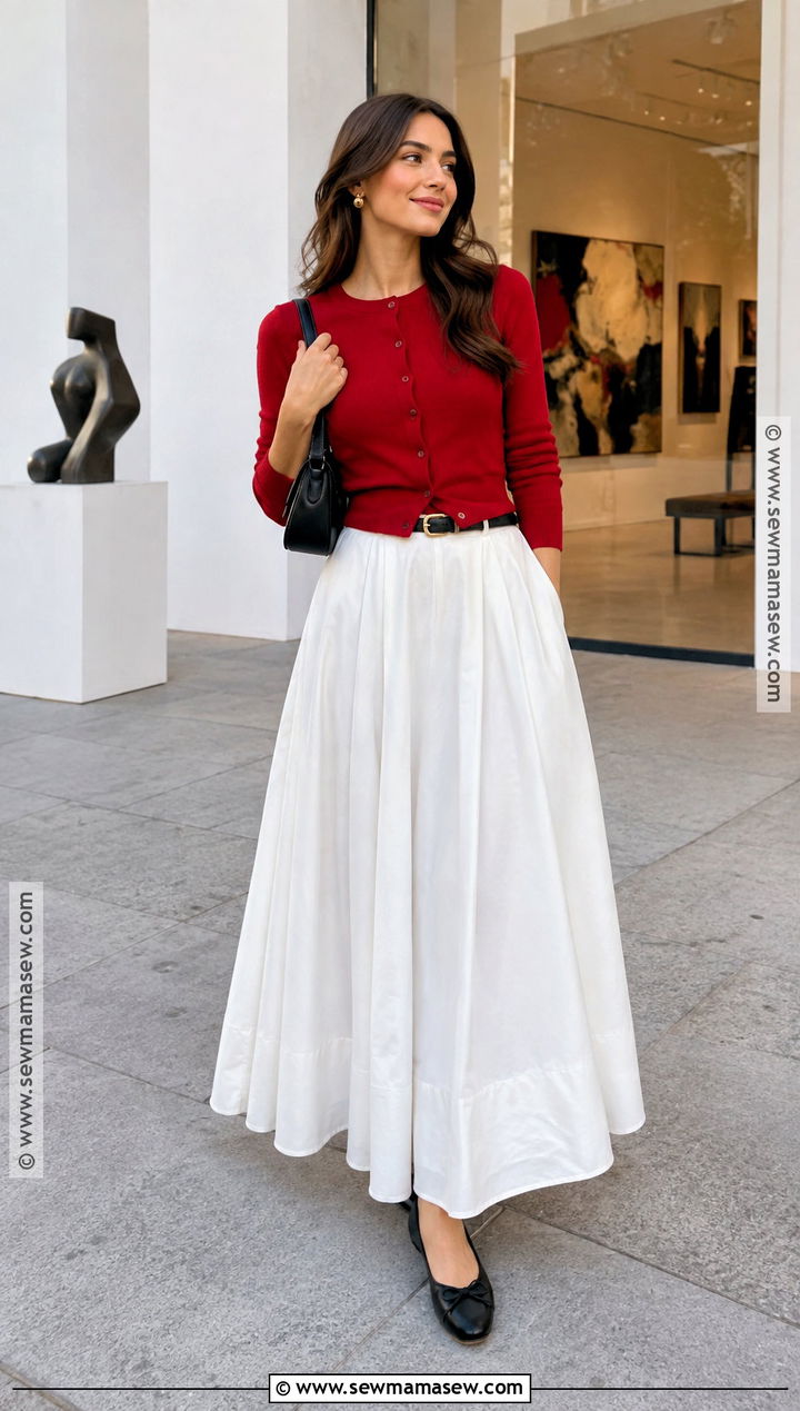 White Maxi Skirt With Red Cardigan And Black Flats - 20 white maxi skirt fall outfit ideas