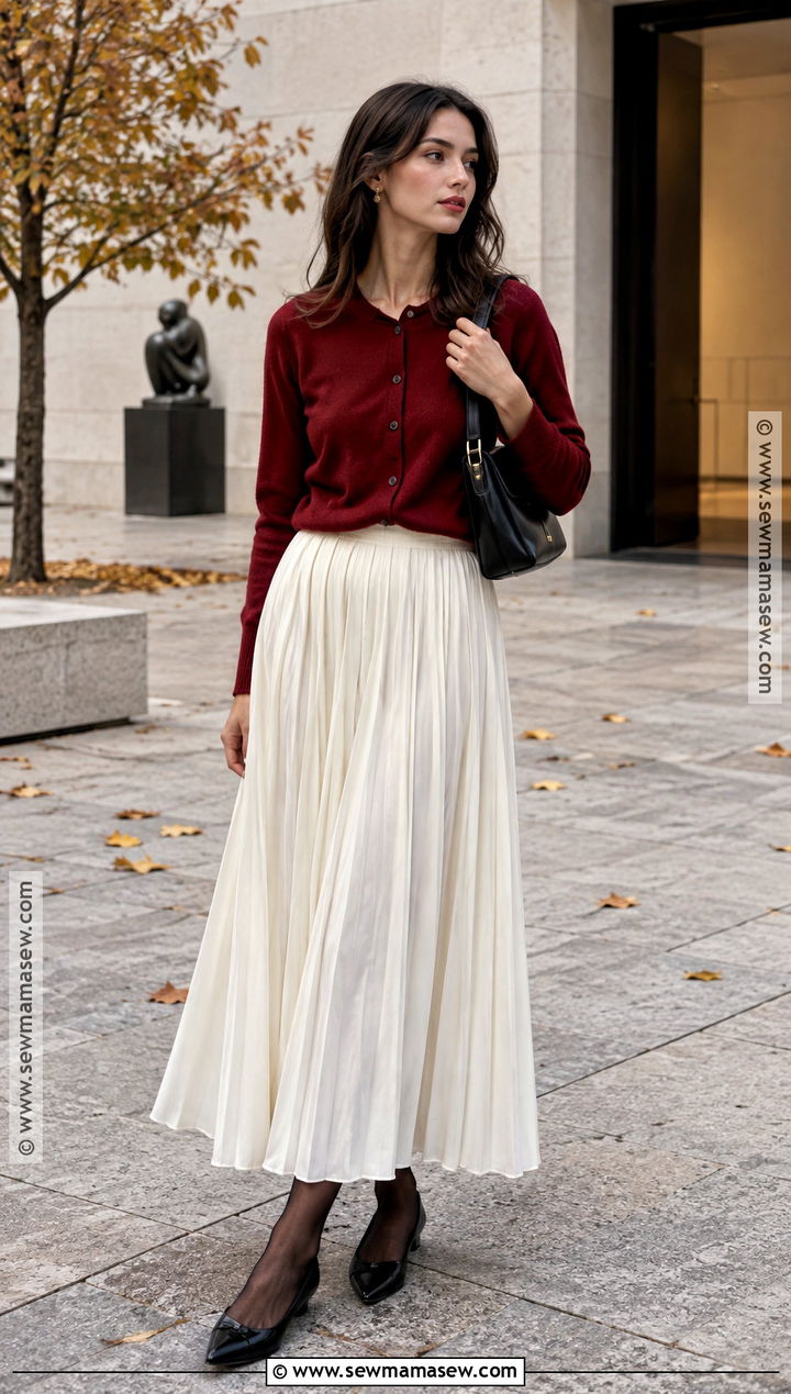 White Maxi Skirt With Red Cardigan And Black Flats - 20 fall white maxi skirt outfits
