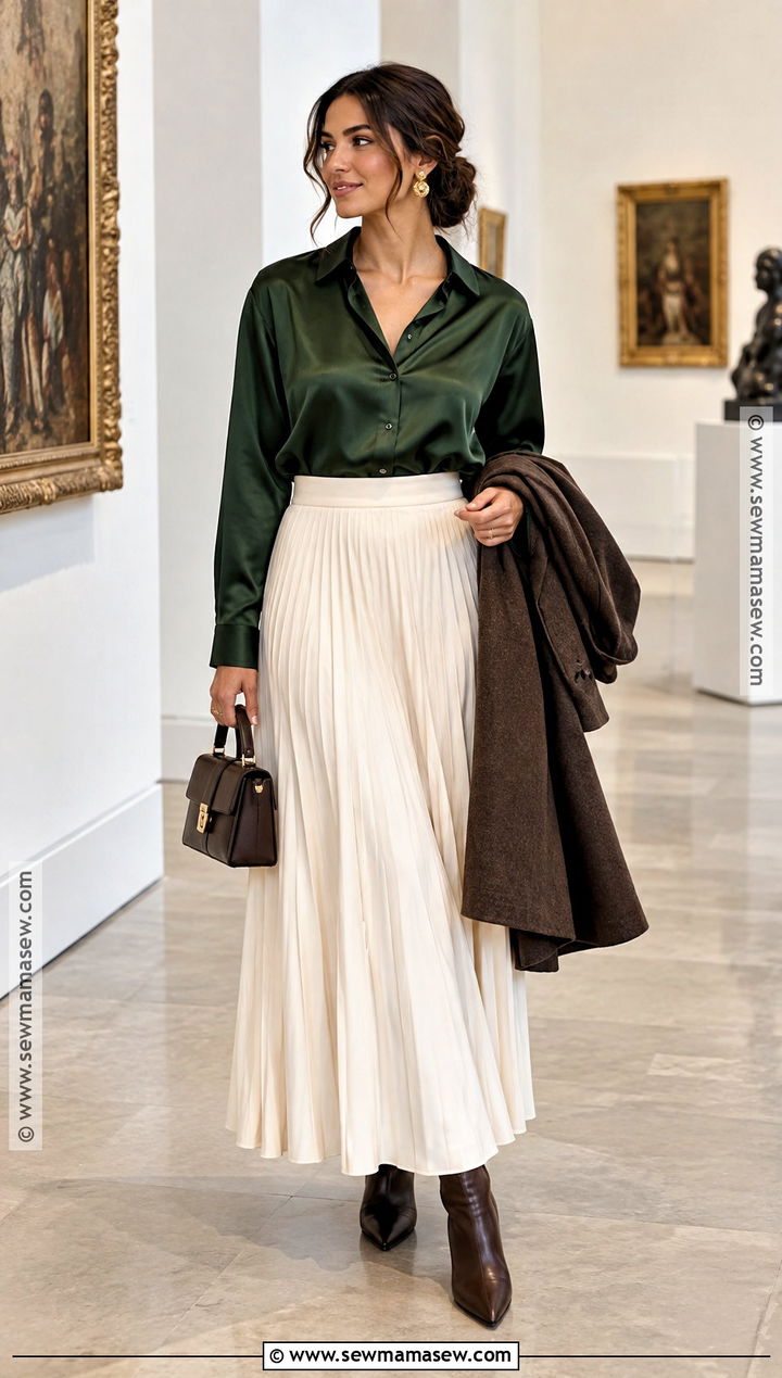 White Maxi Skirt With Satin Blouse And Pointed Boots - 20 fall white maxi skirt outfits