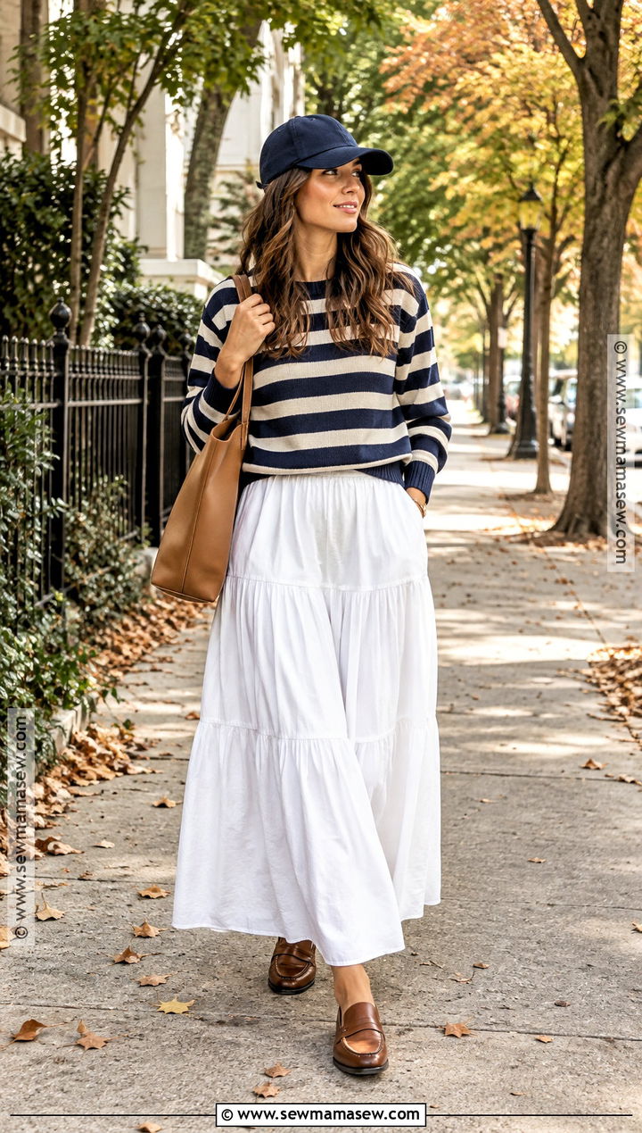 White Maxi Skirt With Striped Sweater - 25 white maxi skirt outfit fall ideas