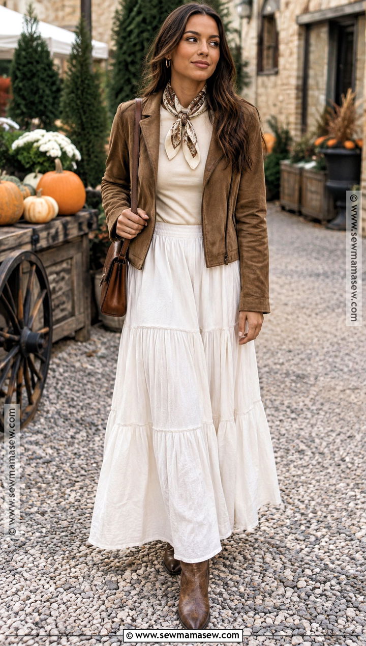 White Maxi Skirt With Suede Jacket And Western Boots - 20 long white skirt fall outfit ideas