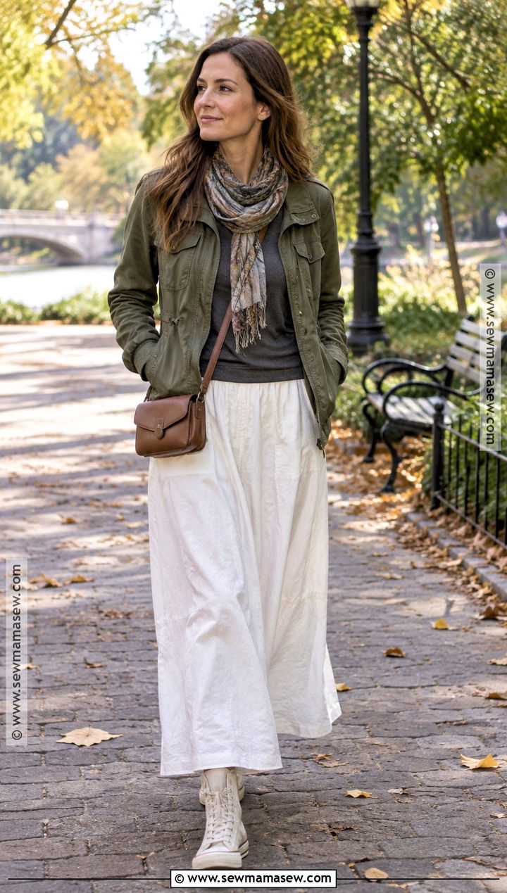 White Maxi Skirt With Utility Jacket And High Top Sneakers - 20 fall white maxi skirt outfits