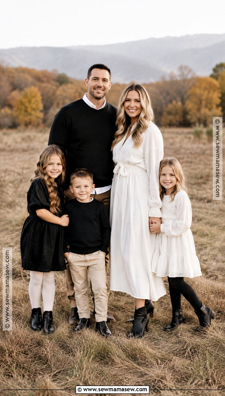 White Midi Dress And Black Boots Family Outfit - 15 Fall Family Photos Black And White Outfits