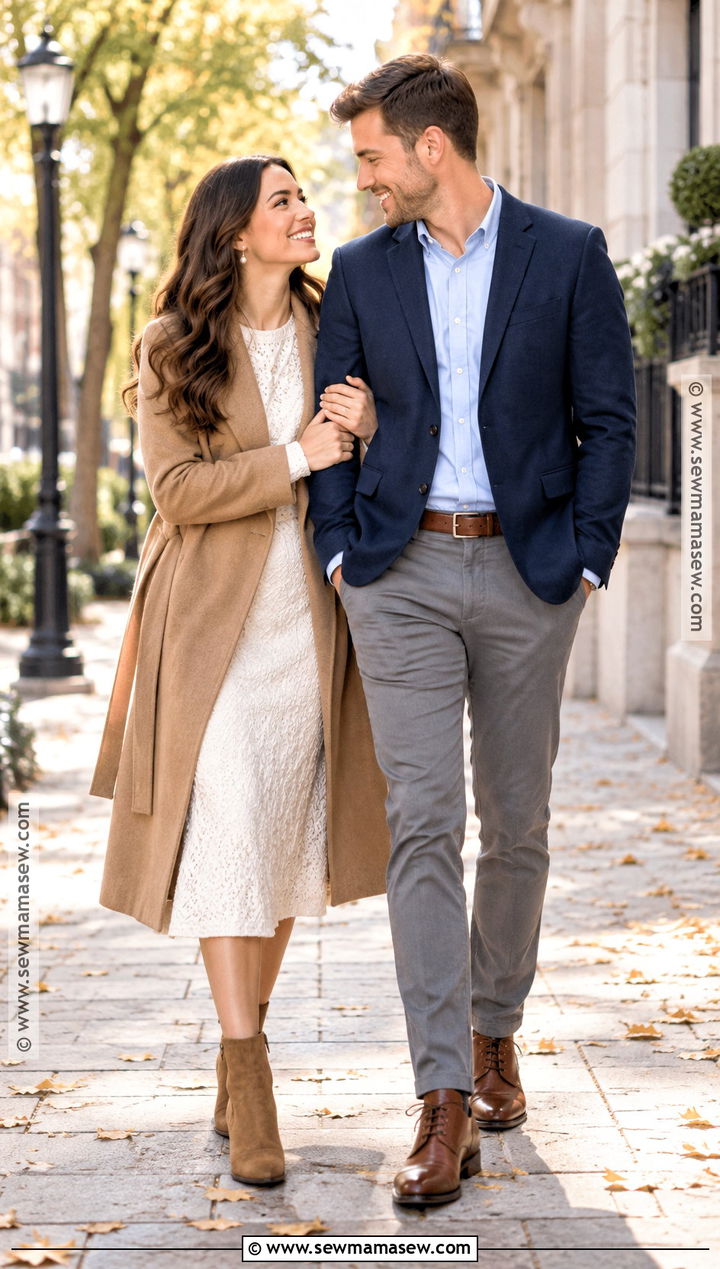 White Midi Dress And Camel Coat Fall Engagement Photo Outfit - 15 engagement photo fall outfit ideas