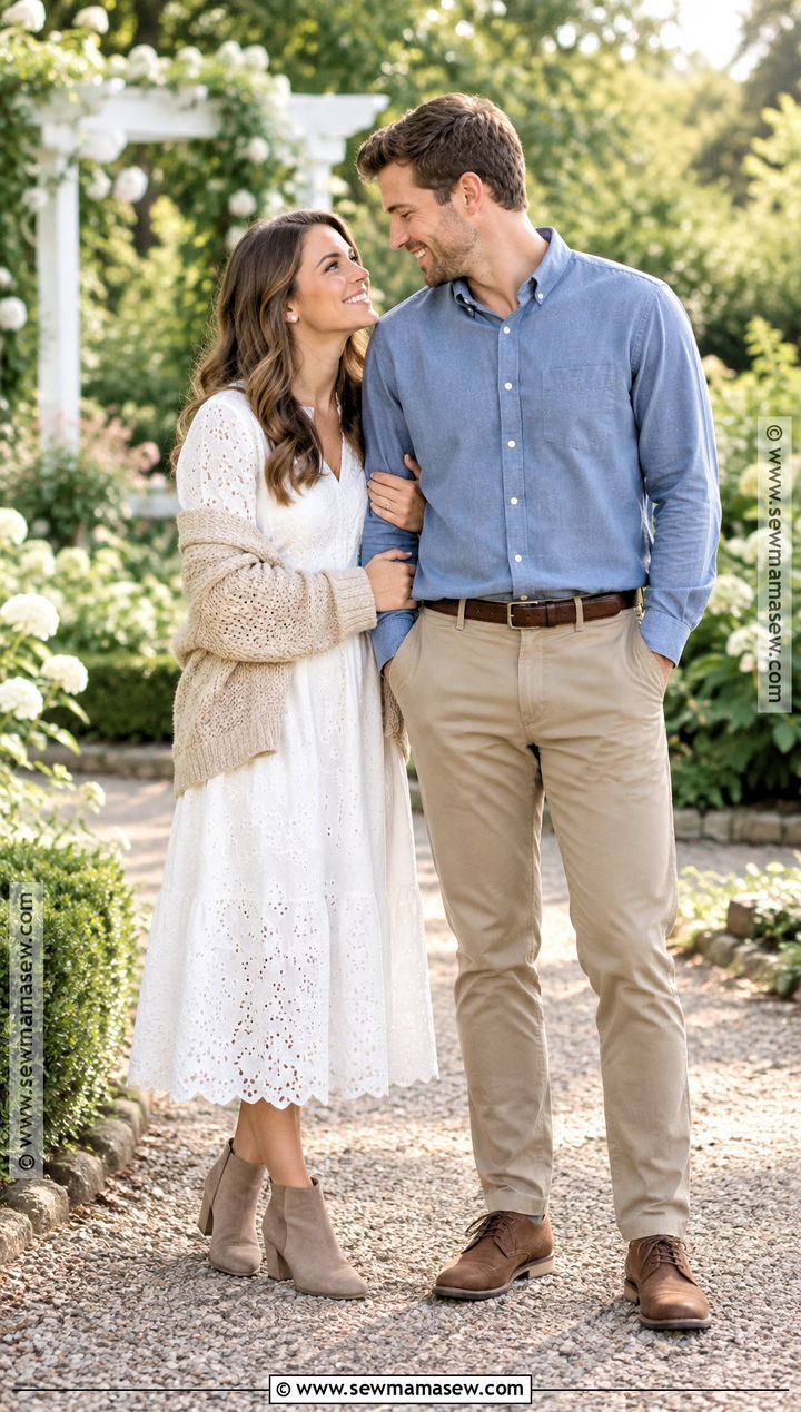 White Midi Dress And Suede Boots Engagement Photo Outfit - 15 engagement photo outfits september